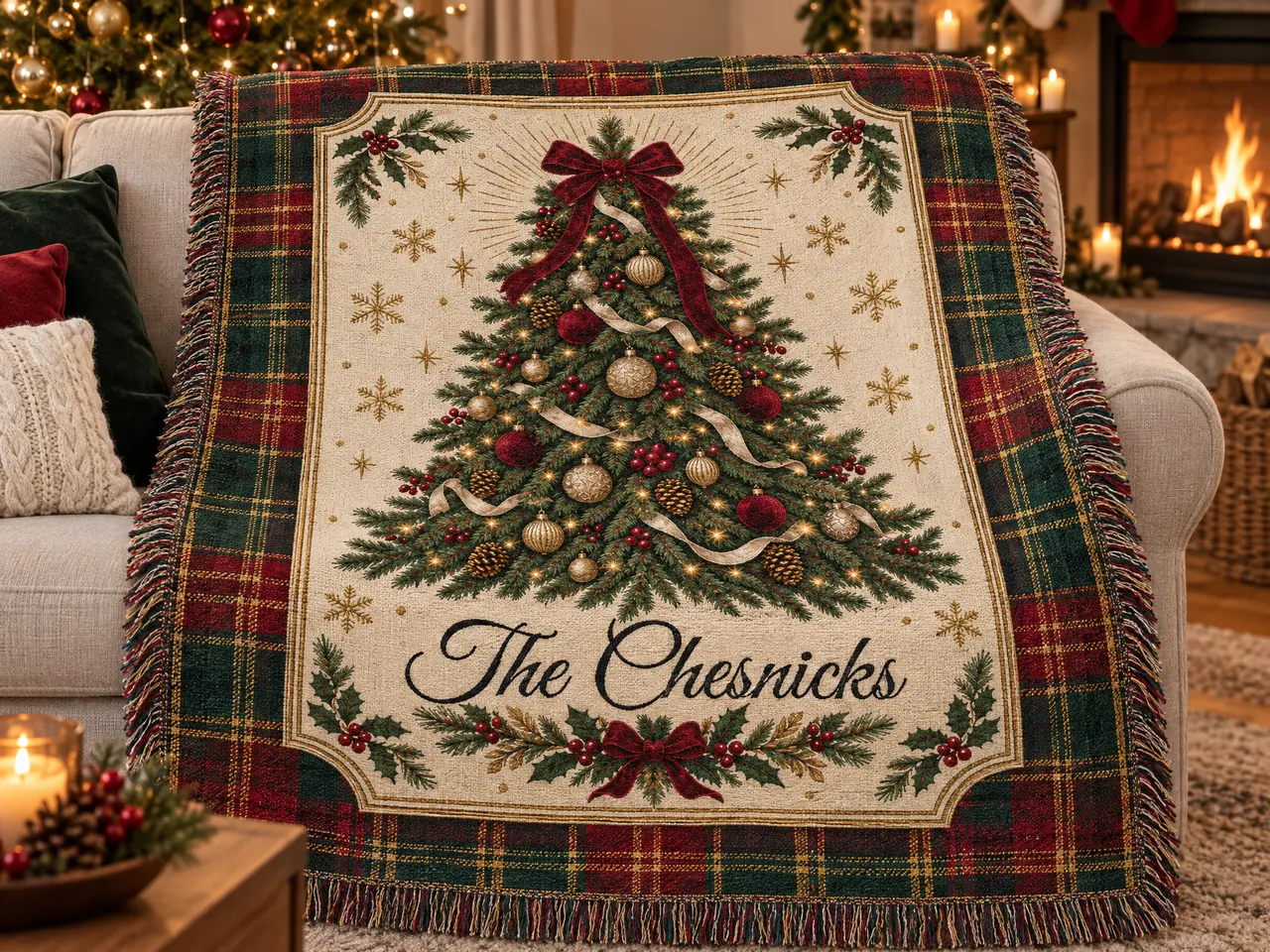 Personalized woven Christmas tree blanket with tartan border reading The Chesnicks draped over a sofa by the fireplace
