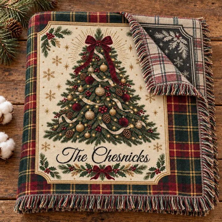 Folded Chesnicks woven blanket with a corner flipped to show the negative-image reverse side and multi-color fringe