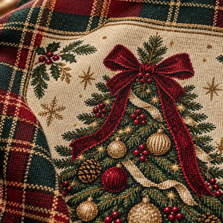 Close-up of the woven red bow, gold ornaments and tartan border showing individual cotton threads