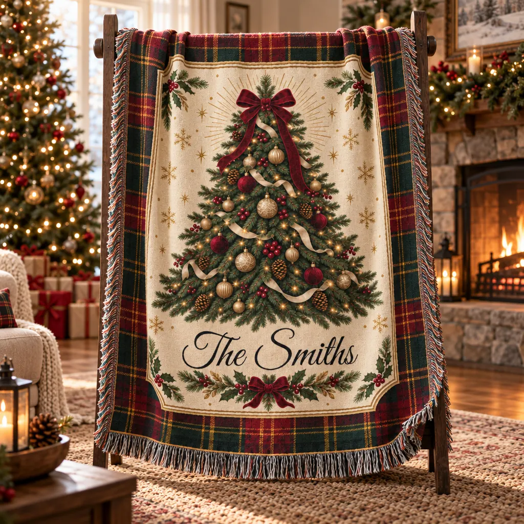 Personalized Christmas woven blanket with family name, photo 2