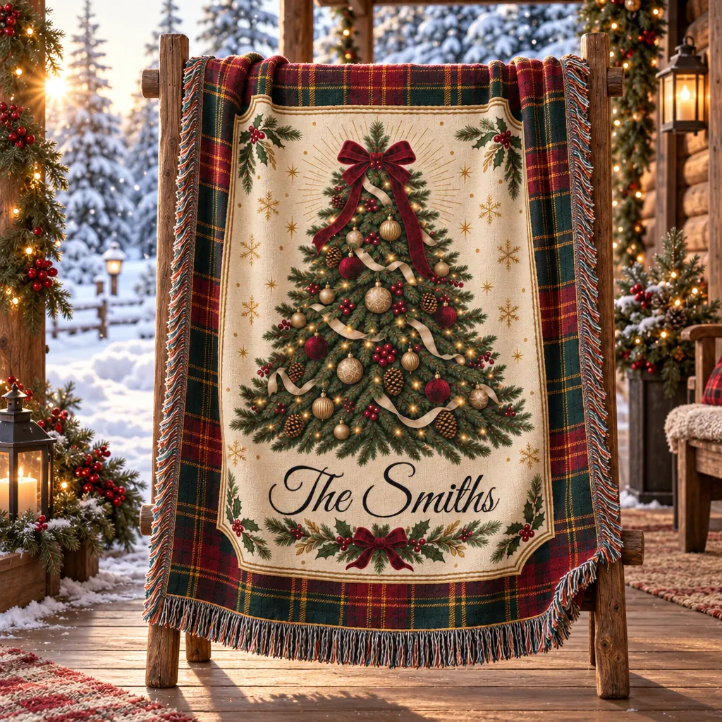 Personalized Christmas woven blanket with family name, photo 3